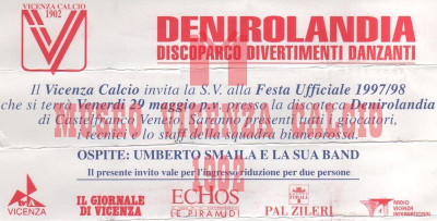 Invito alla Festa Ufficiale del Vicenza Calcio 1997-98