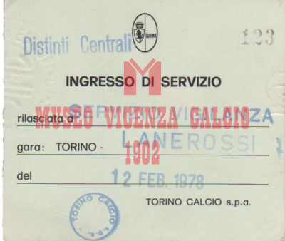 Pass ingresso di servizio 12-2-1978 Torino-L.R. Vicenza