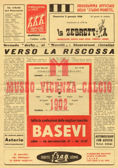Programma Udinese-L.R. Vicenza 5-1-1958 